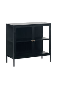 Lage brede vitrinekast Aarhus in zwart metaal met glasdeuren