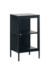 Lage smalle vitrinekast Aarhus in zwart metaal met glasdeuren