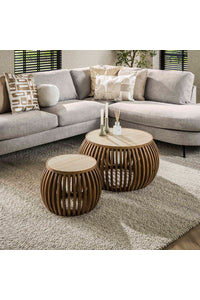 Salontafelset Carpi rond in mangohout met travertine blad