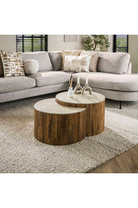 Salontafelset Carpi half rond in mangohout met travertine blad