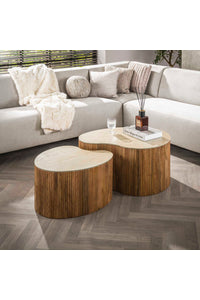 Salontafelset Carpi niervormig in mangohout met travertine blad