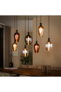 Hanglamp Rive 7-lichts met gekleurde glazen kappen