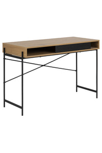 Bureau Hallund in eiken look met open vak en schuifdeur